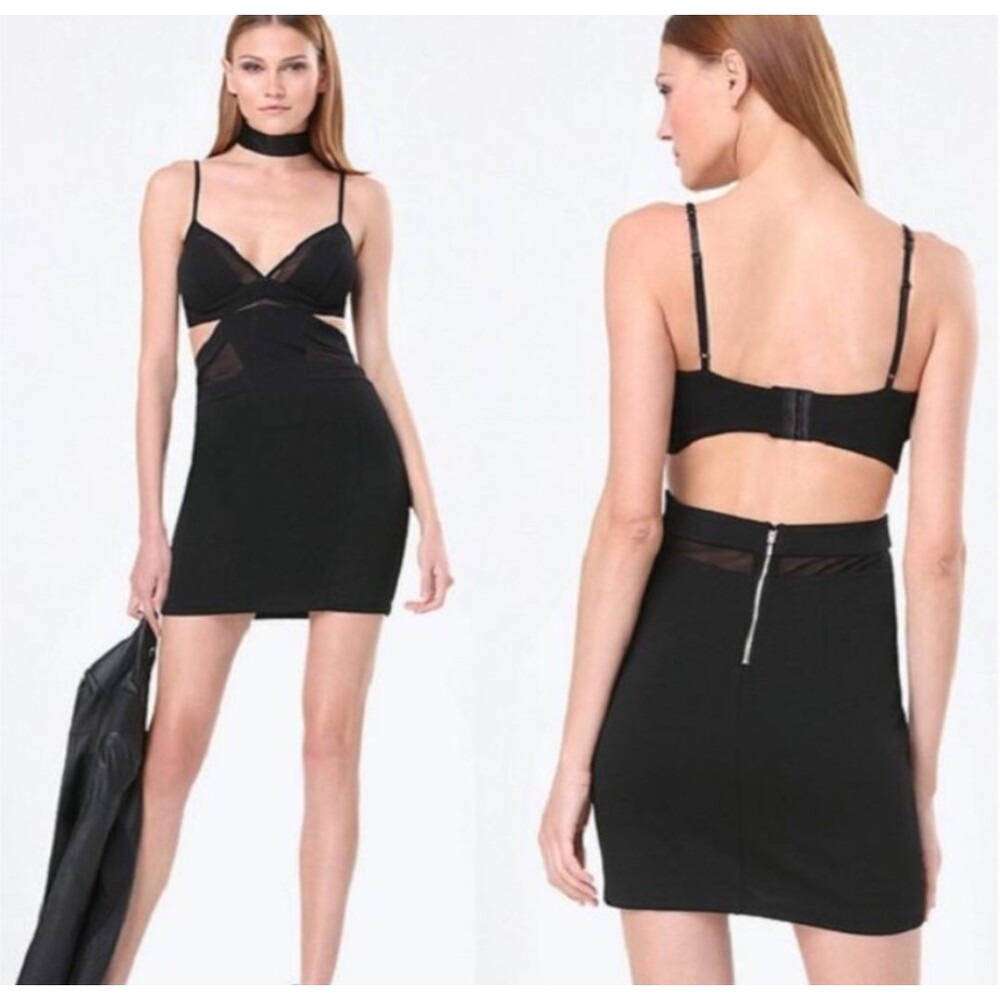 Bebe Black Deep V Mesh Cutout Bodycon Mini Dress XS Sexy Night Out Club Cocktail - Picture 4 of 5